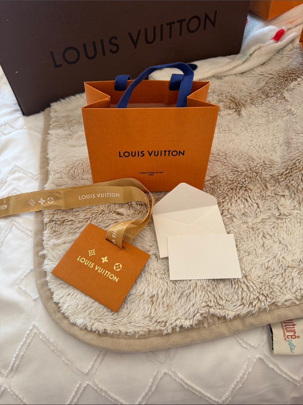 Louis Vuitton Orange Gift Bag with Navy Rope Handles and Tag